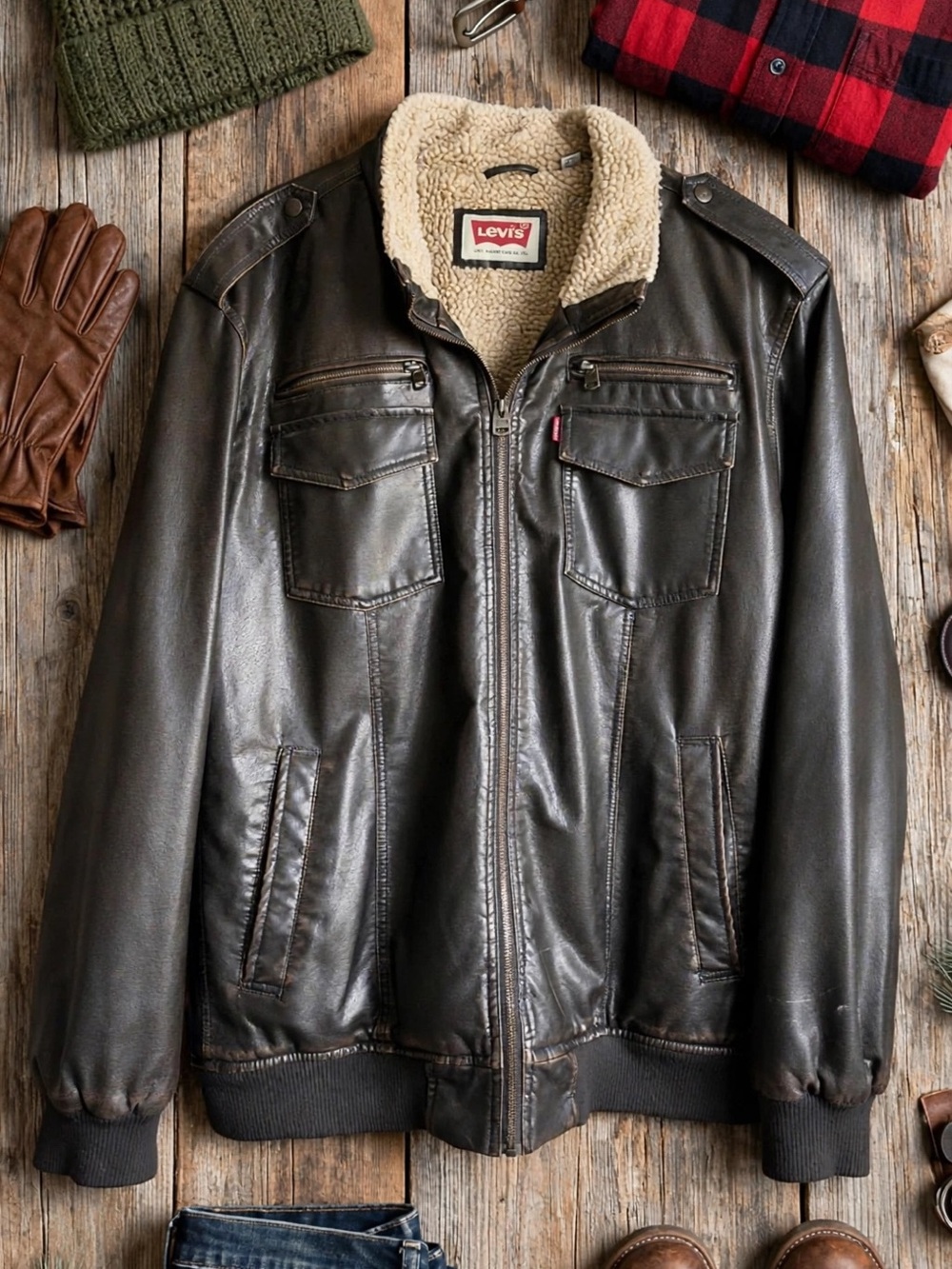 Levi's Black Faux Leather Bomber Jacket with Cream Sherpa Collar